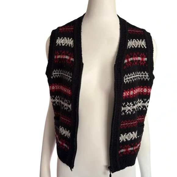 Vintage Nordic Knit Vest Full Zip Sweater Black Red White‎ Fair Isle Sleeveless - Picture 7 of 11